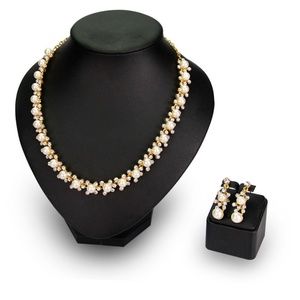 Heavy Rhinestones & Pearls Necklace Earrings Set
